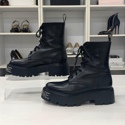Celine Logo Triomphe Leather Studded Lace-up Short Boots — view 2