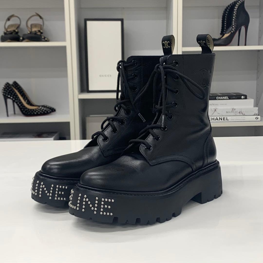 Celine Logo Triomphe Leather Studded Lace-up Short Boots — view 3