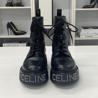Celine Logo Triomphe Leather Studded Lace-up Short Boots — view 4