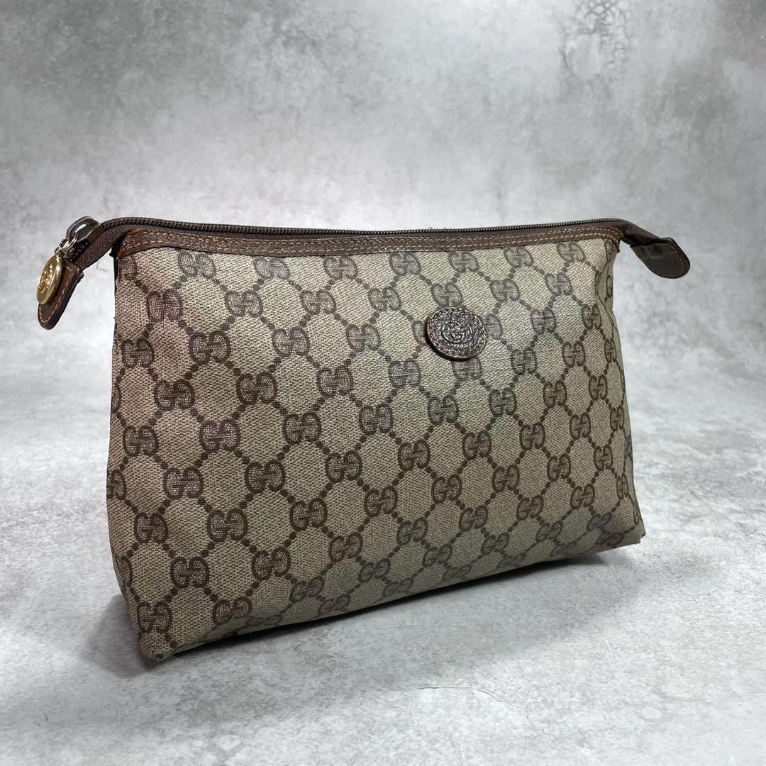 Gucci GG Clutch Brown Beige Leather Logo
