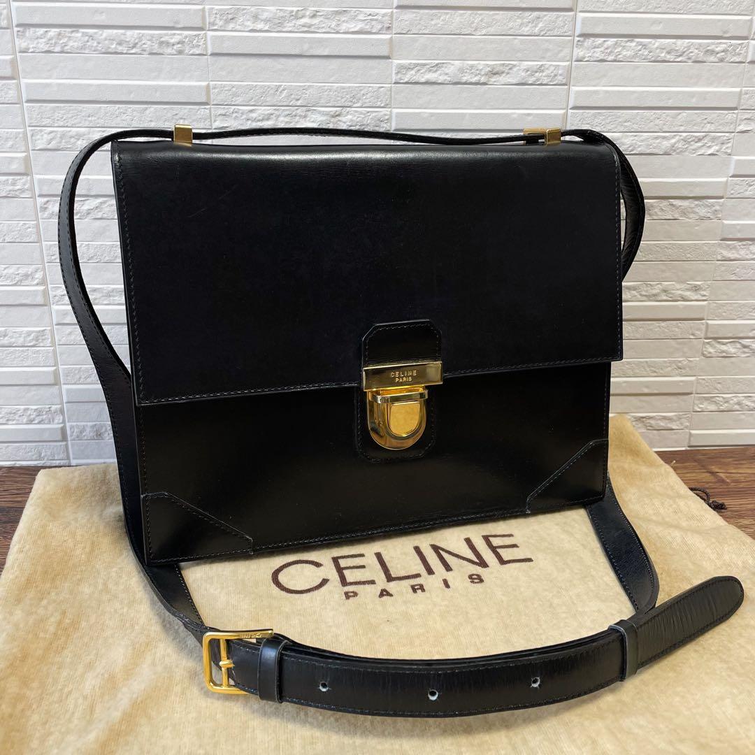 Celine Leather Gold Flap Shoulder Bag Black