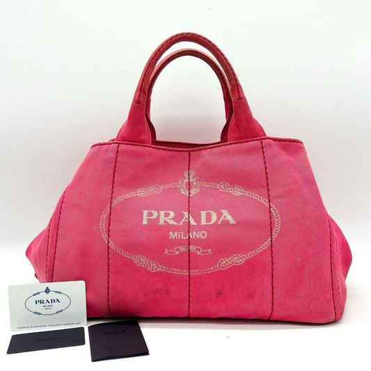 Prada Tote Bag Canapa Triangle Logo Plate Canvas Pink