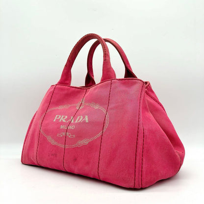 Prada Tote Bag Canapa Triangle Logo Plate Canvas Pink