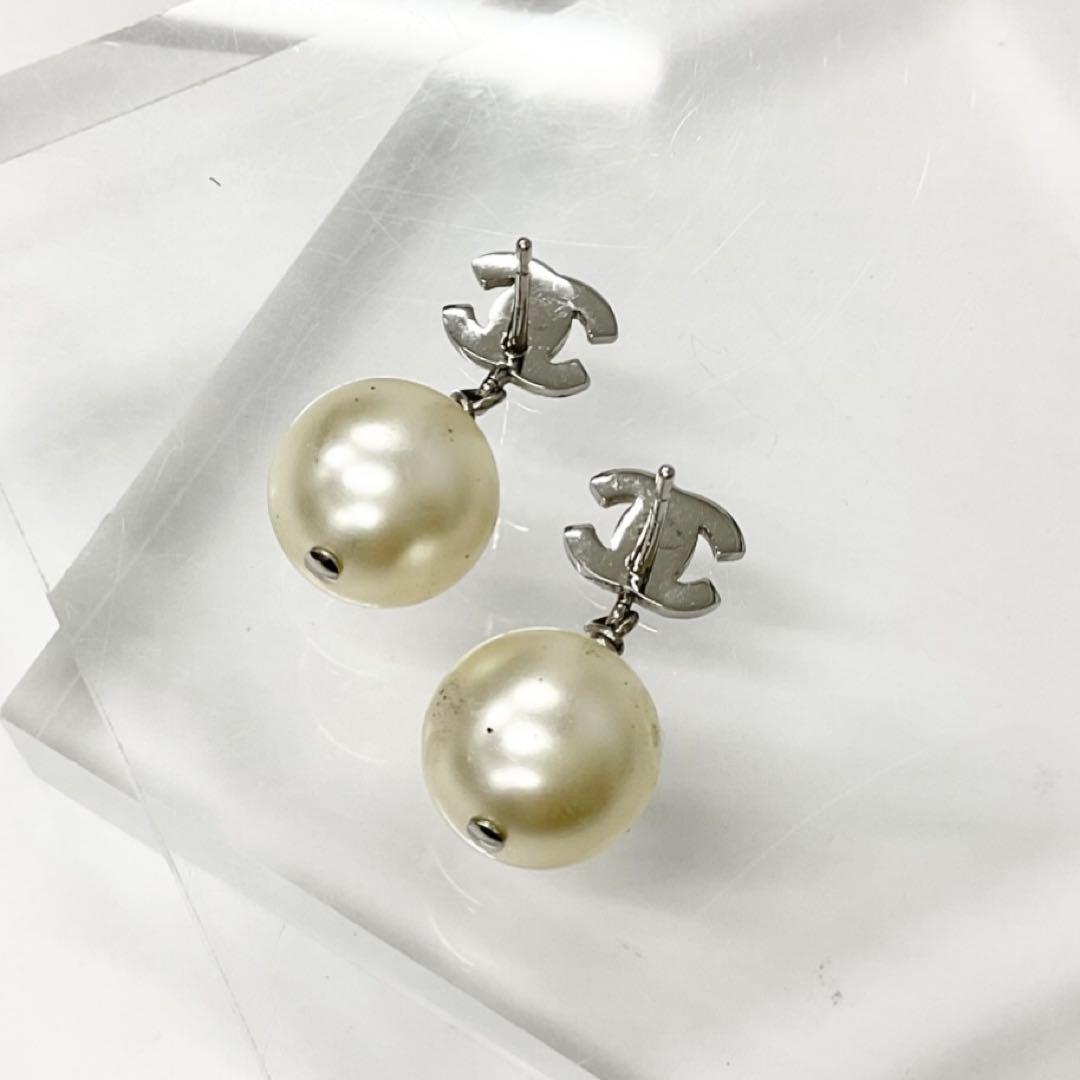 Chanel Earrings CC Logo Line Stone Pearl Silver