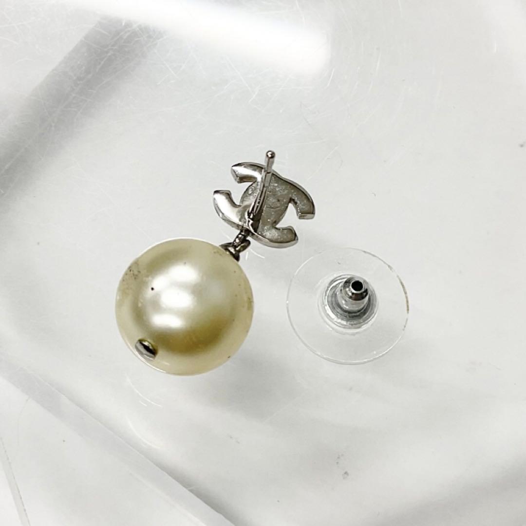 Chanel Earrings CC Logo Line Stone Pearl Silver