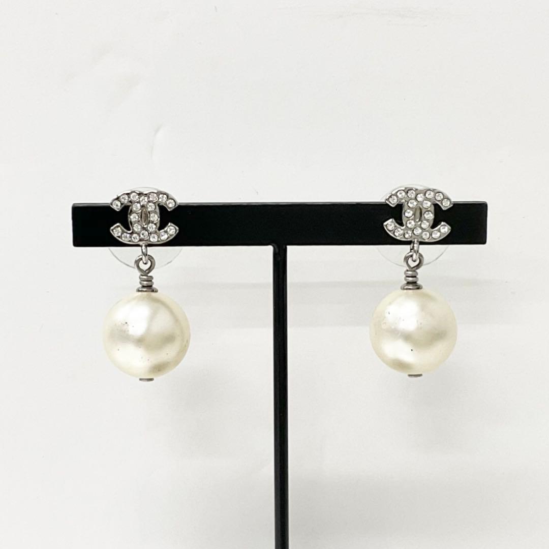 Chanel Earrings CC Logo Line Stone Pearl Silver