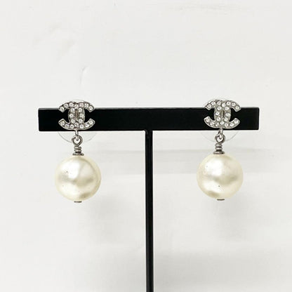 Chanel Earrings CC Logo Line Stone Pearl Silver