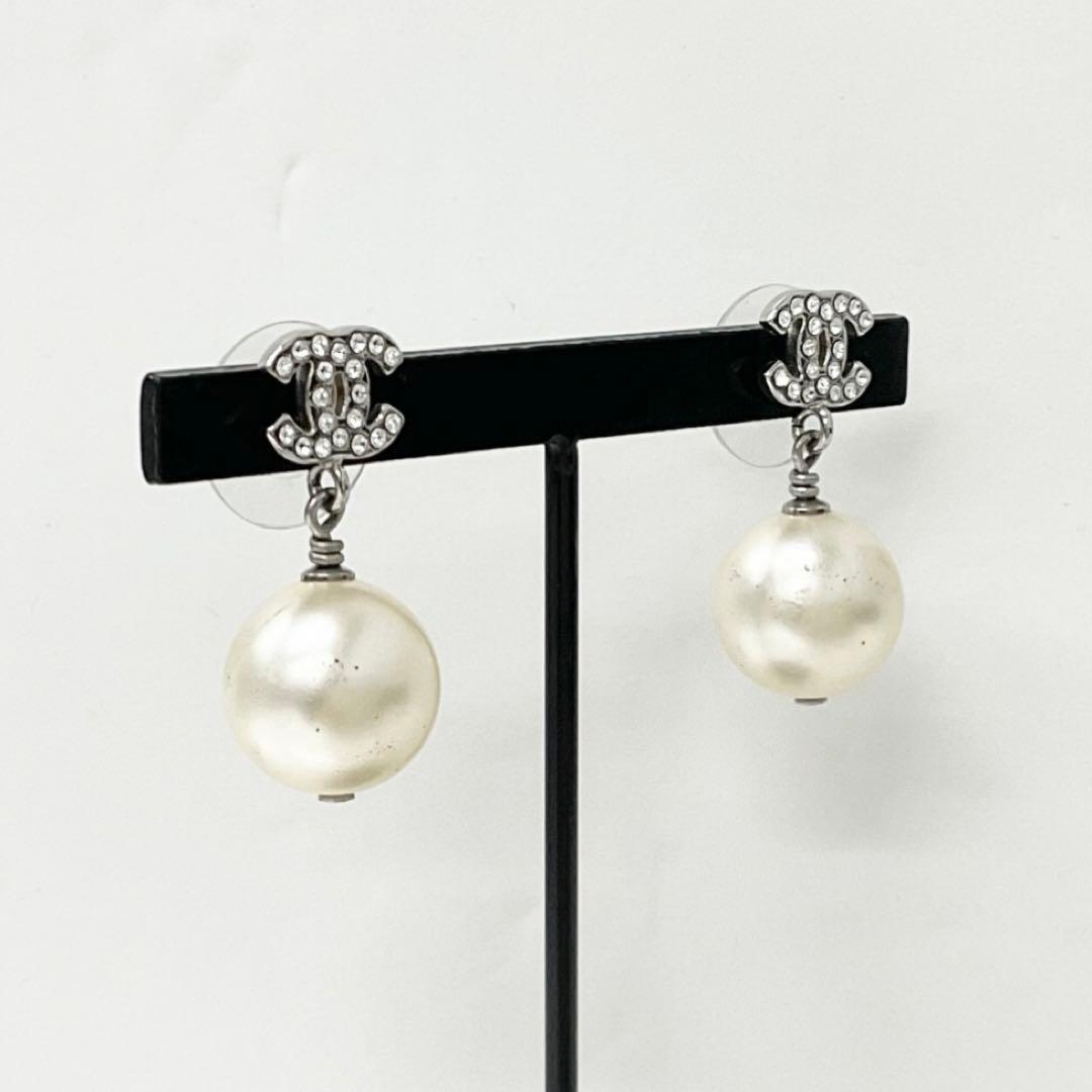 Chanel Earrings CC Logo Line Stone Pearl Silver