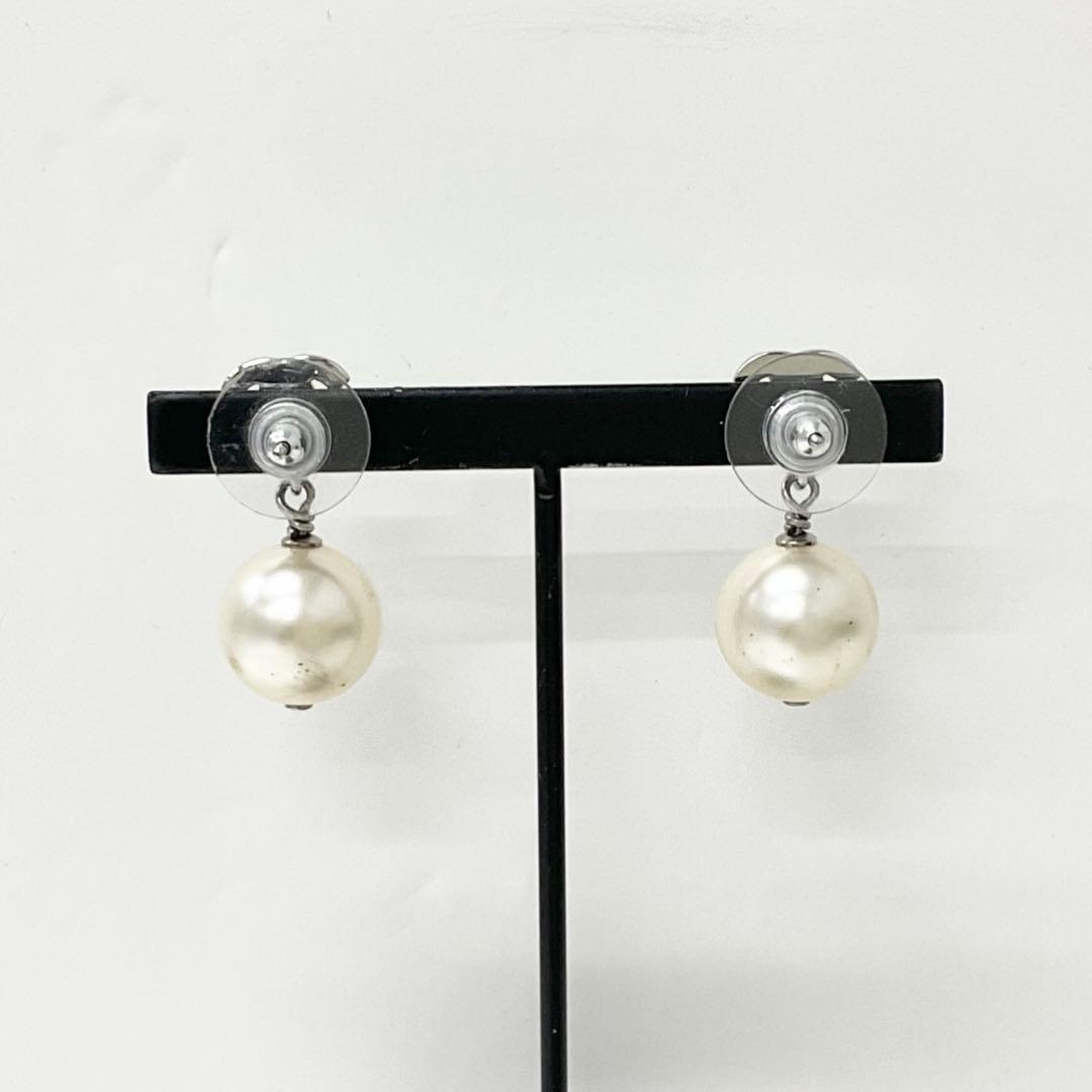 Chanel Earrings CC Logo Line Stone Pearl Silver