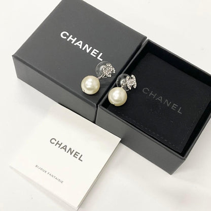 Chanel Earrings CC Logo Line Stone Pearl Silver