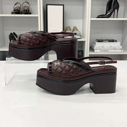 Chanel CC Logo Leather Quilted Ring Back Sandals Brown