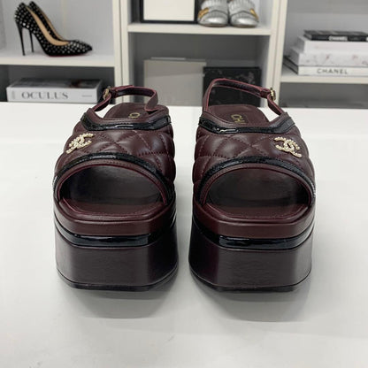 Chanel CC Logo Leather Quilted Ring Back Sandals Brown