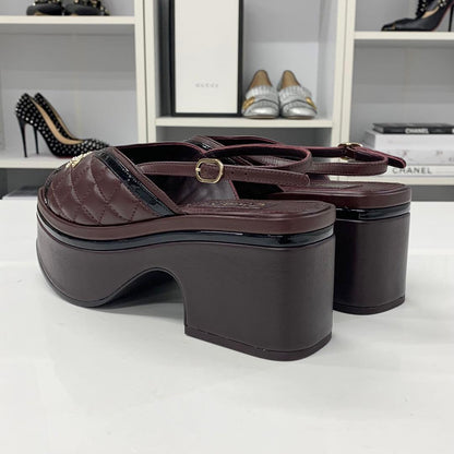 Chanel CC Logo Leather Quilted Ring Back Sandals Brown