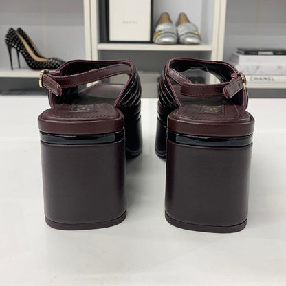 Chanel CC Logo Leather Quilted Ring Back Sandals Brown