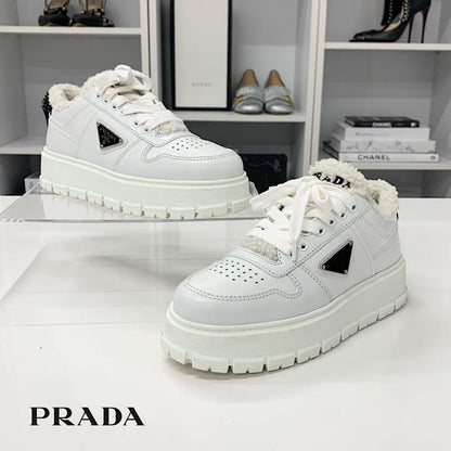Prada Triangle Logo Leather Shearling Sneakers White