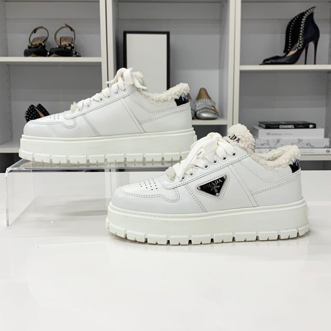 Prada Triangle Logo Leather Shearling Sneakers White — view 2