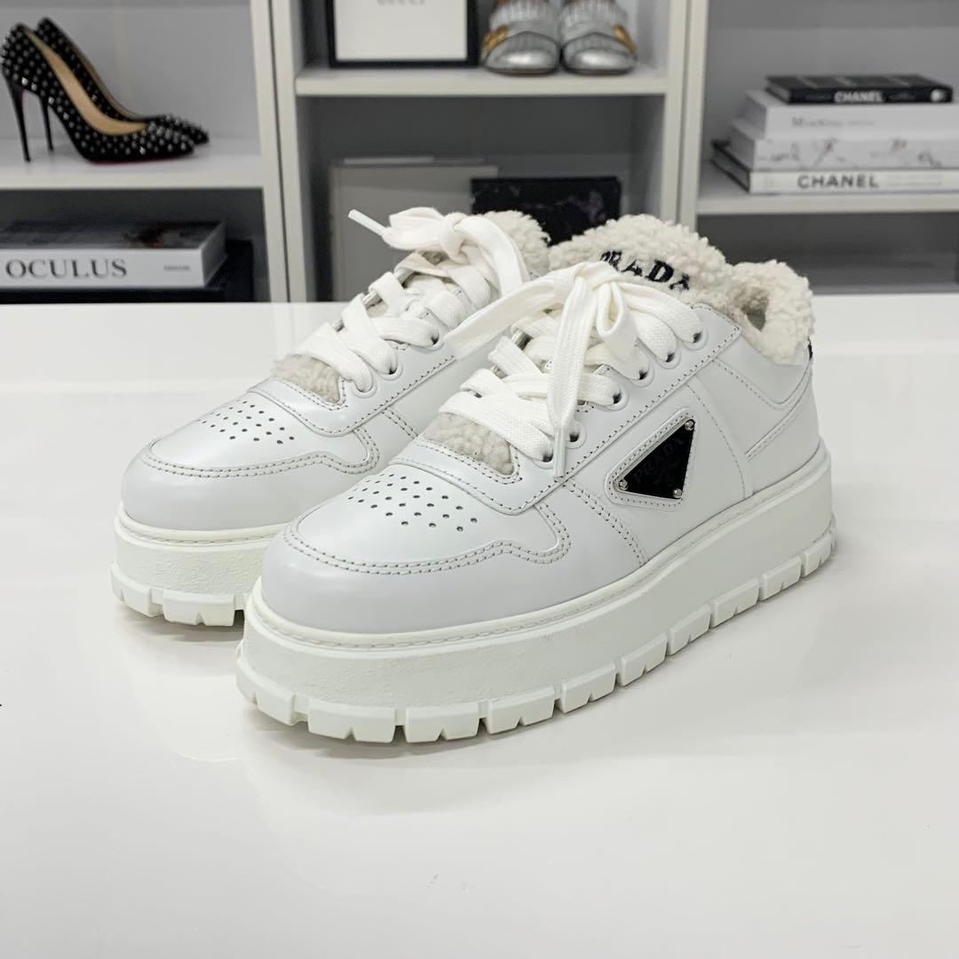Prada Triangle Logo Leather Shearling Sneakers White — view 3