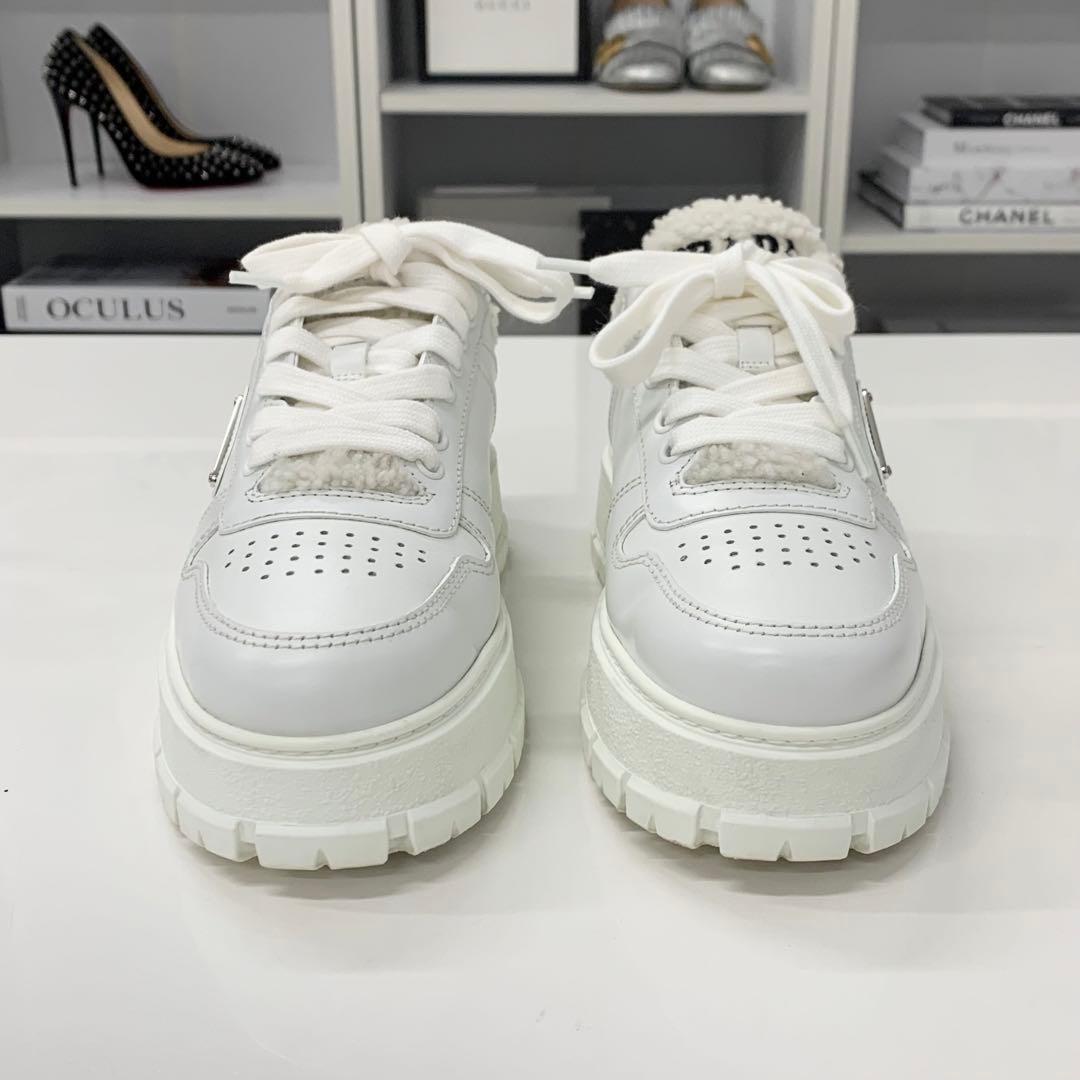 Prada Triangle Logo Leather Shearling Sneakers White — view 4