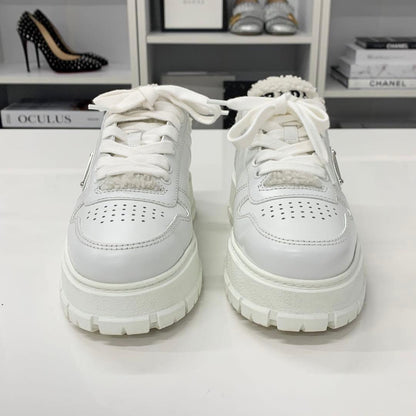 Prada Triangle Logo Leather Shearling Sneakers White — view 4