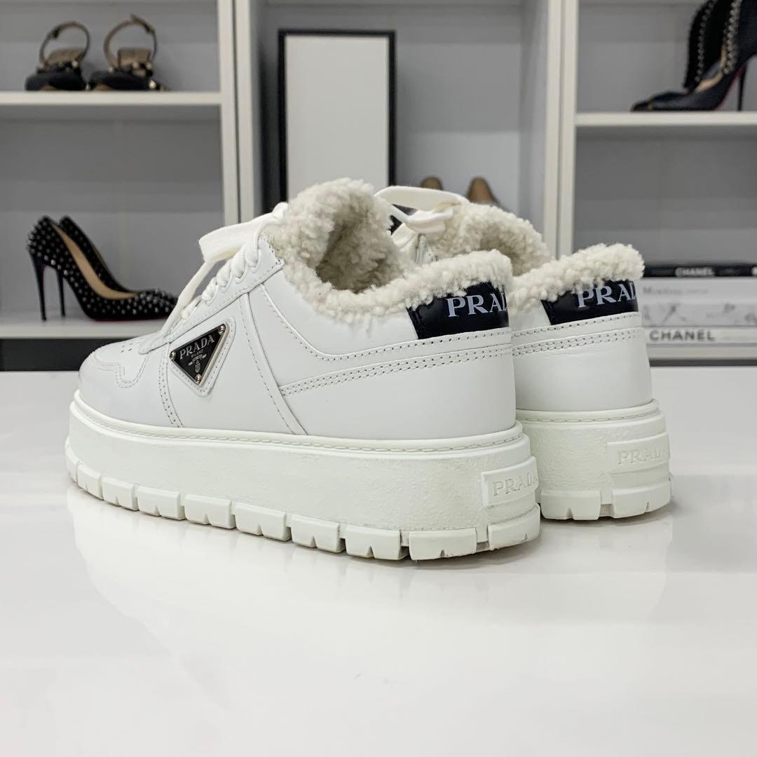Prada Triangle Logo Leather Shearling Sneakers White — view 5