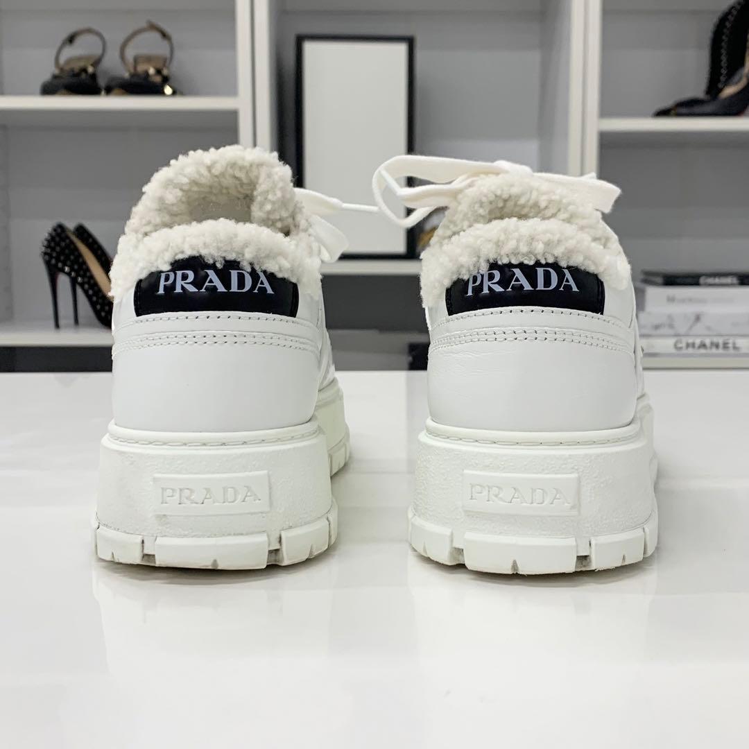 Prada Triangle Logo Leather Shearling Sneakers White — view 6