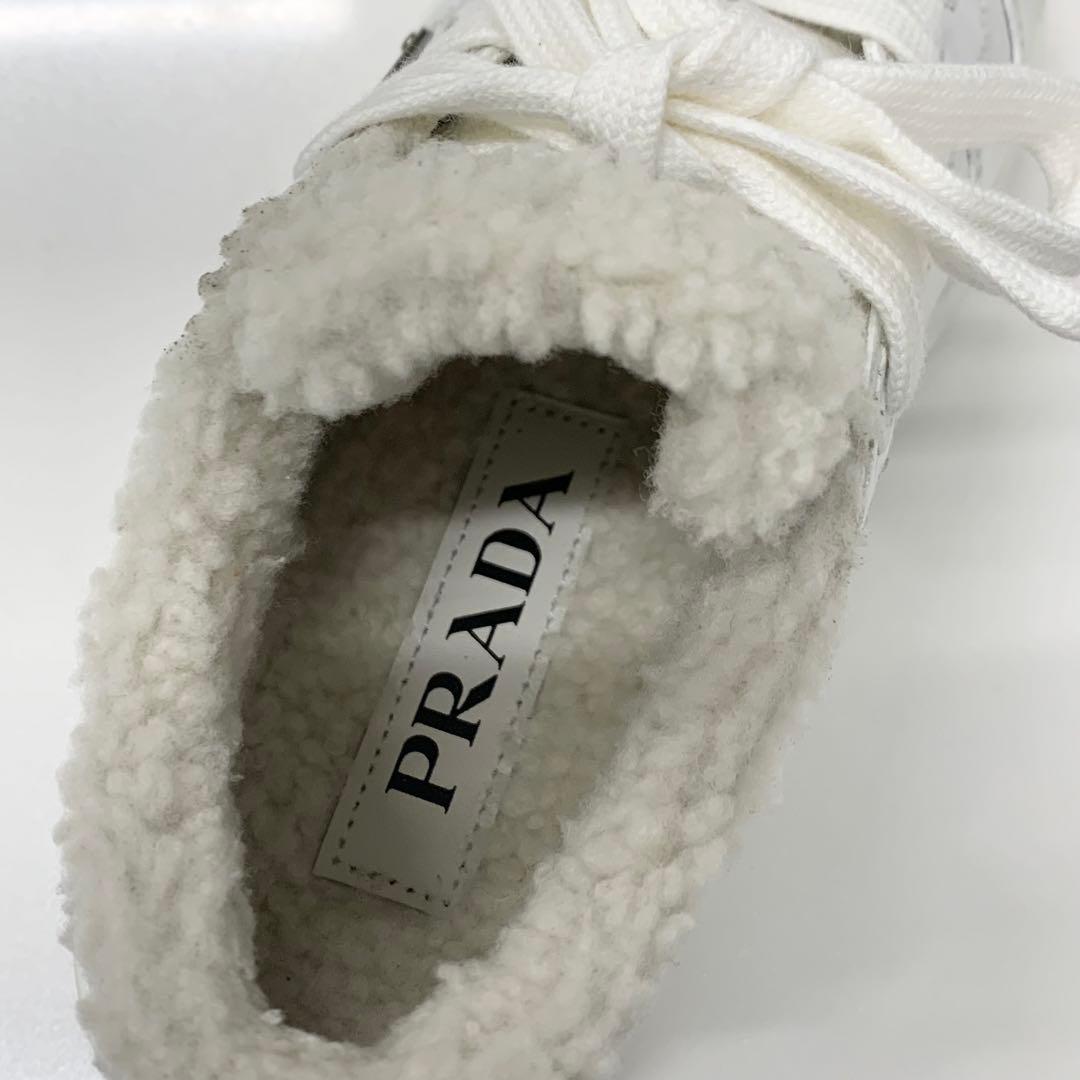 Prada Triangle Logo Leather Shearling Sneakers White — view 8