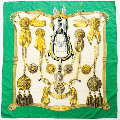 Hermes Carré 90 Head Tangle and Cocarde Green Scarf with Tags