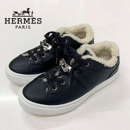 Hermes Day Kelly Hardware Suede Shearling Sneakers Black