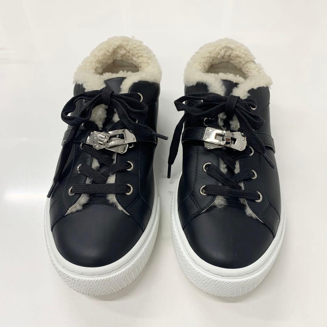 Hermes Day Kelly Hardware Suede Shearling Sneakers Black