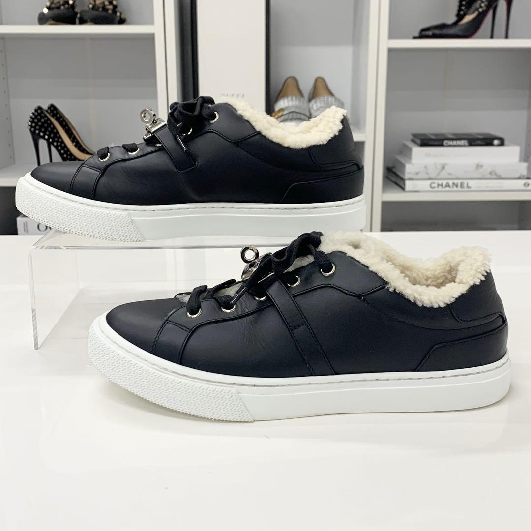 Hermes Day Kelly Hardware Suede Shearling Sneakers Black