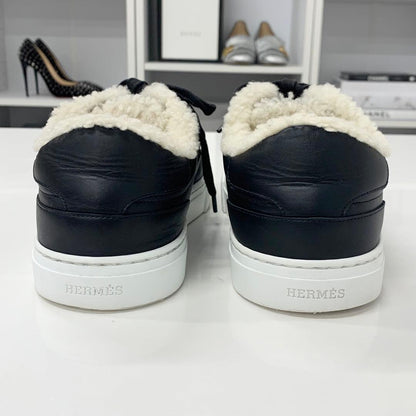Hermes Day Kelly Hardware Suede Shearling Sneakers Black