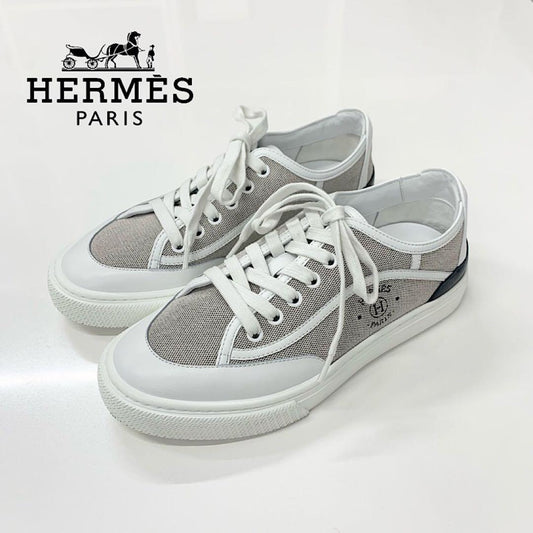 Hermes Get Canvas Leather Logo Sneakers Gray White