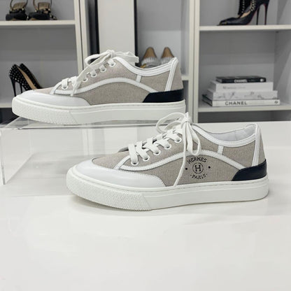 Hermes Get Canvas Leather Logo Sneakers Gray White — view 3