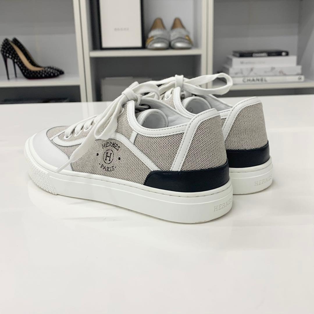 Hermes Get Canvas Leather Logo Sneakers Gray White — view 4