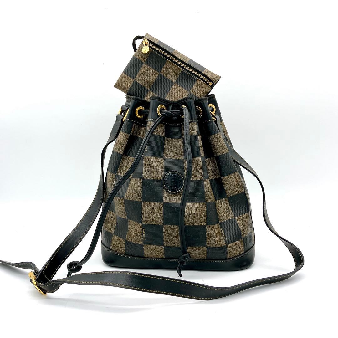 Fendi Shoulder Bag Pecan Pattern Gold Hardware Drawstring Shape PVC Leather