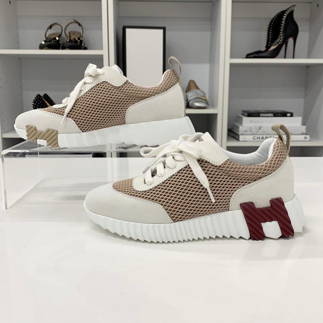 Hermes Bouncing Suede Mesh Sneakers Beige White