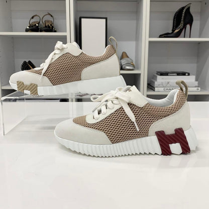 Hermes Bouncing Suede Mesh Sneakers Beige White