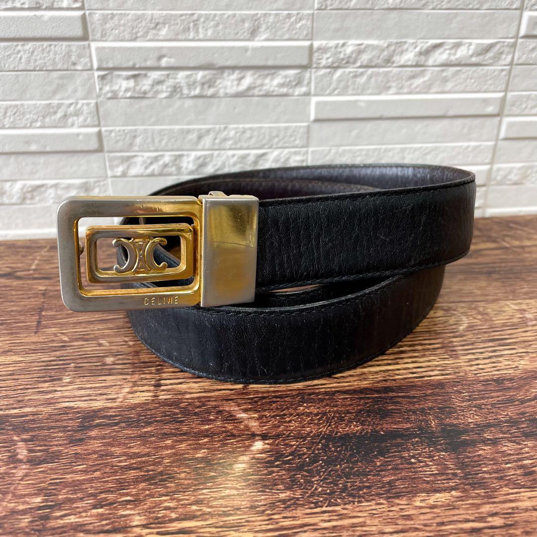 Celine Leather Triomphe Buckle Gold Belt Black
