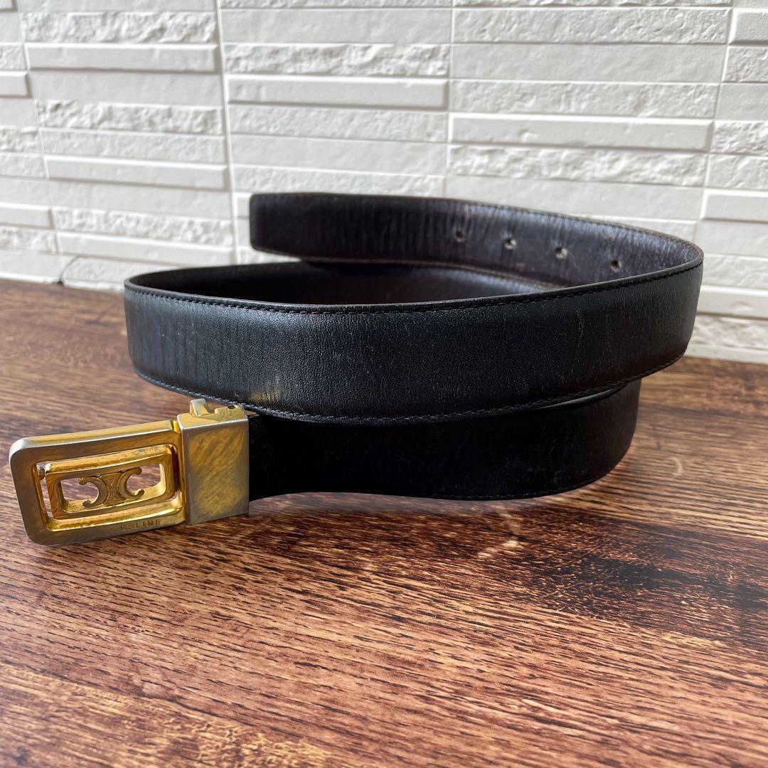 Celine Leather Triomphe Buckle Gold Belt Black — view 3
