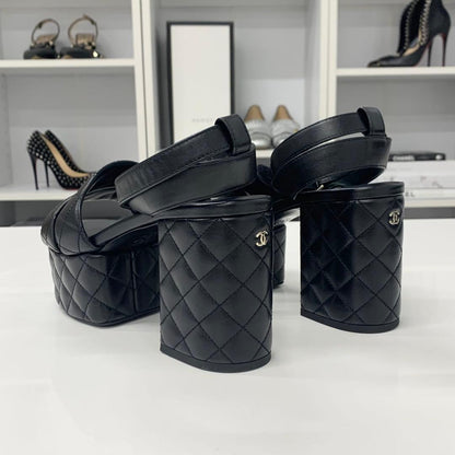 Chanel CC Logo Leather Quilted Strap Sandals Black — view 5