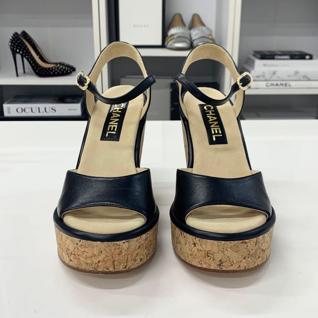 Chanel CC Logo Cork Leather Wedge Sole Sandals Black