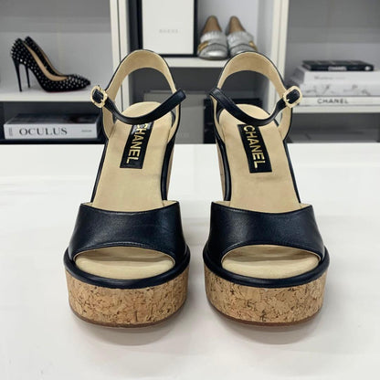 Chanel CC Logo Cork Leather Wedge Sole Sandals Black
