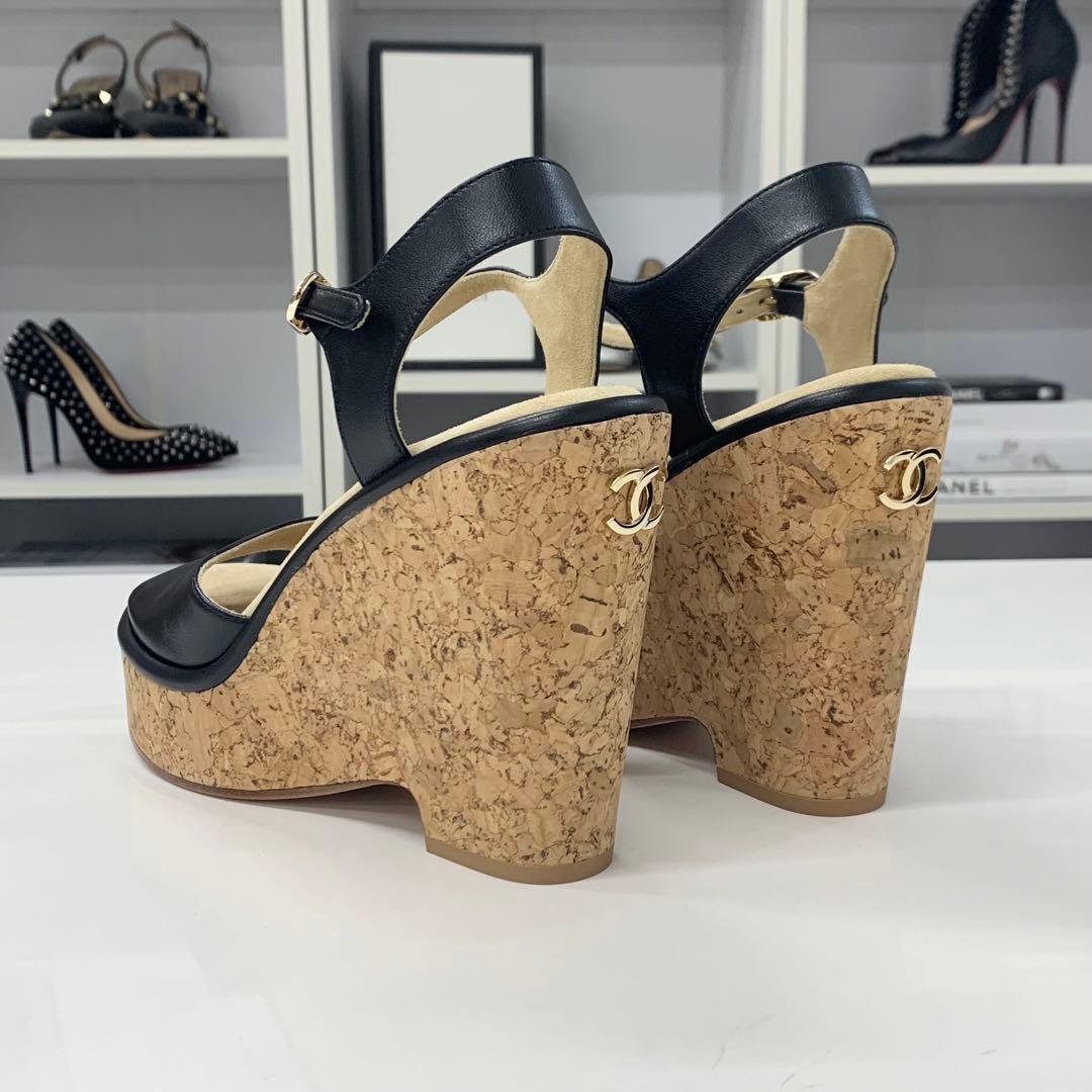 Chanel CC Logo Cork Leather Wedge Sole Sandals Black