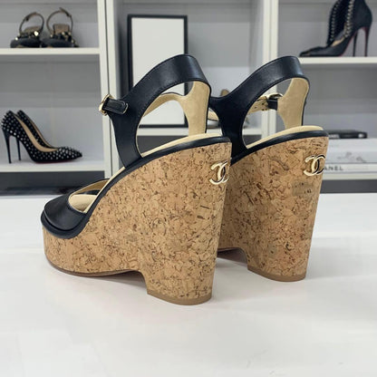 Chanel CC Logo Cork Leather Wedge Sole Sandals Black