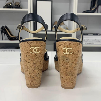 Chanel CC Logo Cork Leather Wedge Sole Sandals Black