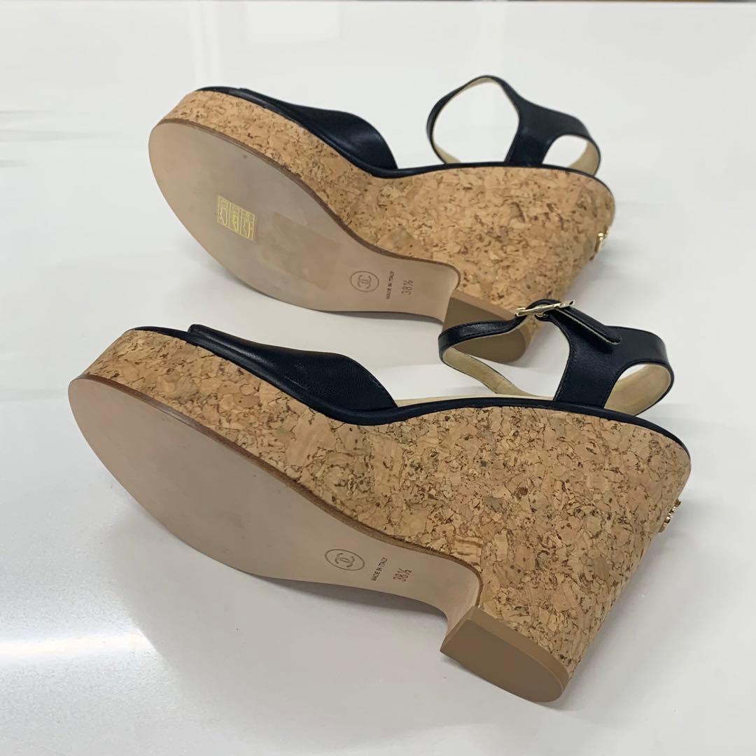 Chanel CC Logo Cork Leather Wedge Sole Sandals Black