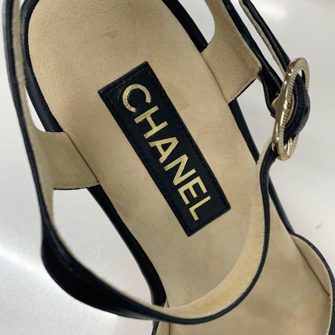 Chanel CC Logo Cork Leather Wedge Sole Sandals Black