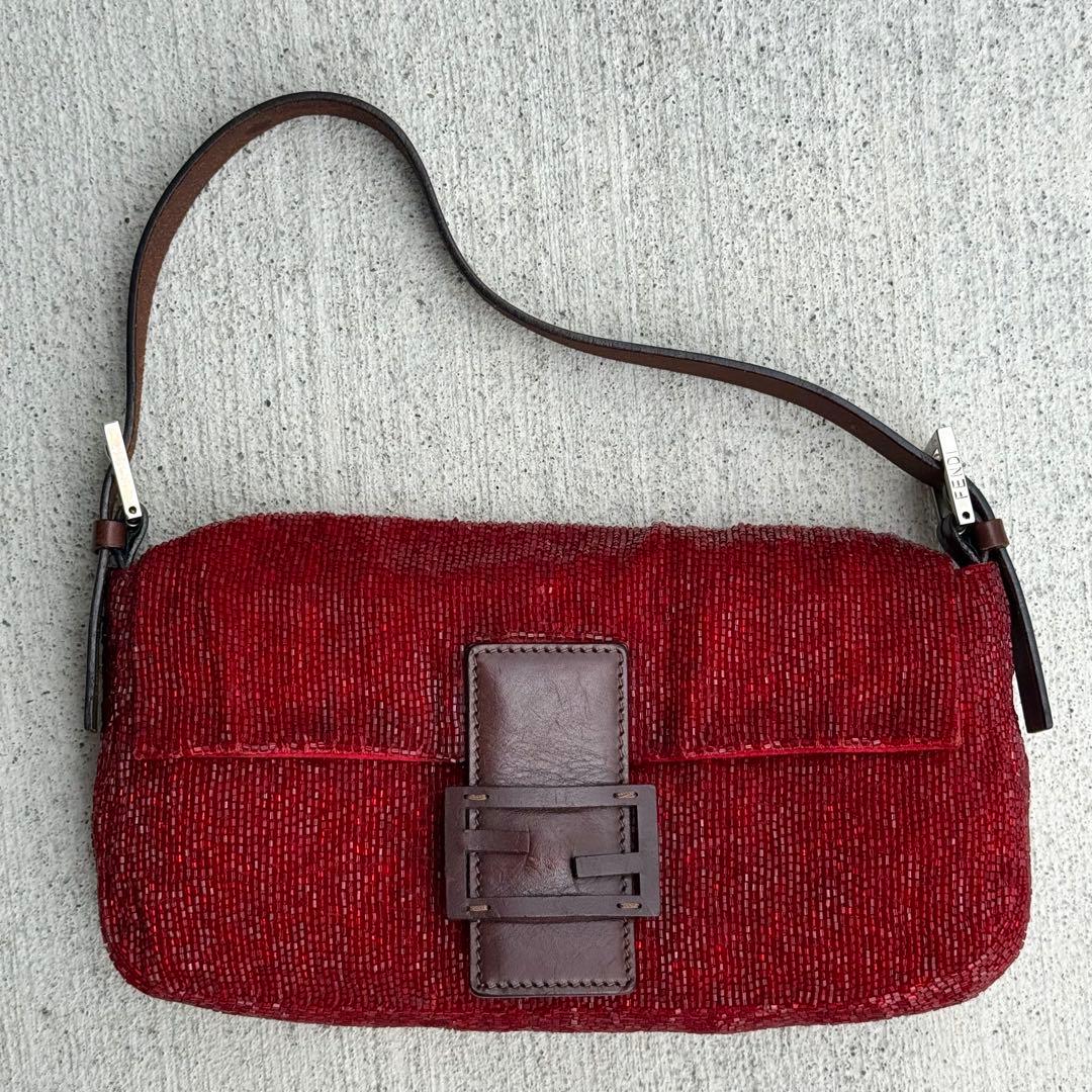 Fendi Beads Baguette Red Shoulder Bag