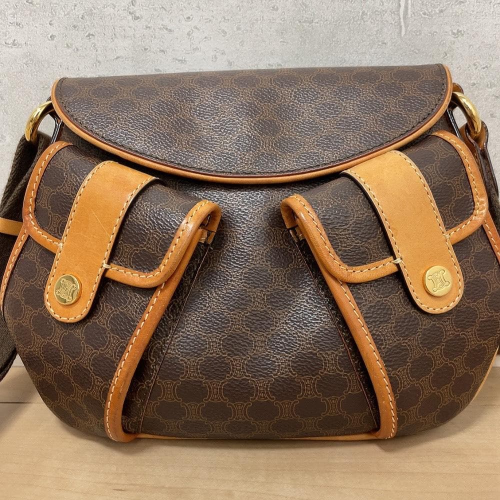 Celine Macadam Shoulder Bag Leather Brown Pocket
