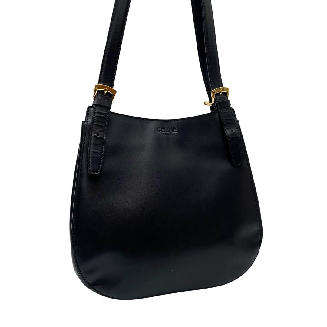 Celine Logo Leather Shoulder Tote Gold Black